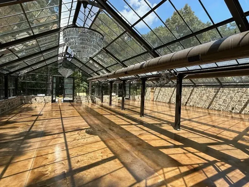 Large-format stamped concrete venue floor in gray tones | Old North Concrete Co.